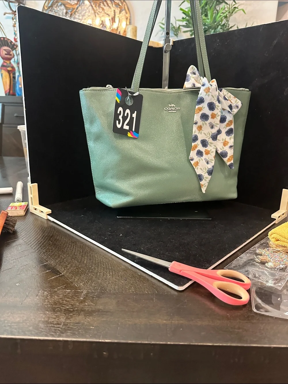 Coach # 321 City Zip Top  Leather Tote Bag with Floral Scarf
